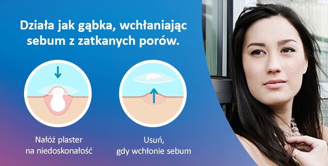 Schemat działania plastra na trądzik Viscoplast™ pochłaniającego sebum z zatkanych porów
